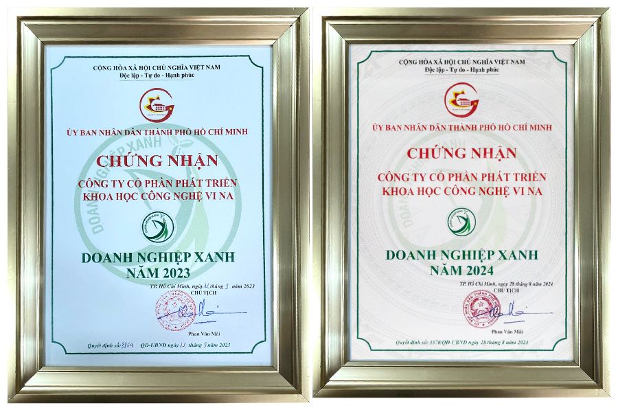 Giấy chứng nhận Doanh nghiệp Xanh Năm 2023 và 2024 do UBND TP.HCM trao tặng cho Vina CHG