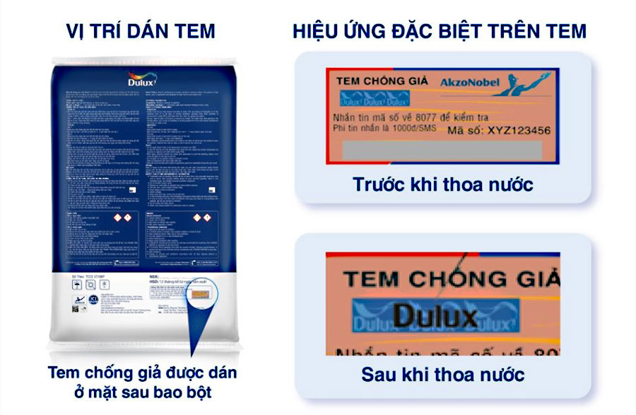 Kiểm tra công nghệ nước trên tem chống giả bột trét tường Dulux