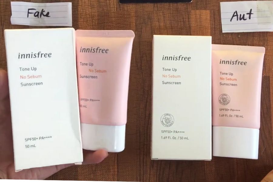 so sánh kem chống nắng innisfree thật giả