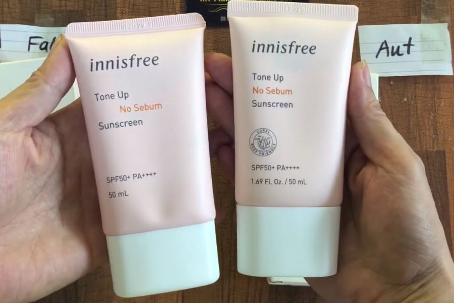 Mặt trước của kem chống nắng innisfree thật và giả