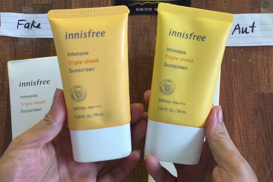 Mặt trước của kem chống nắng Innisfree thật giả loại màu vàng