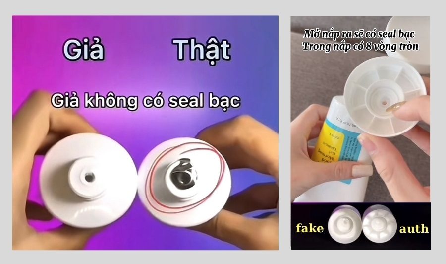 So sánh phần nắp sữa rửa mặt cosrx thật và giả