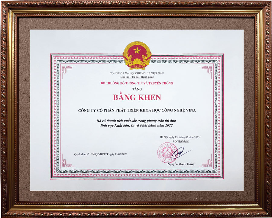 Bằng khen bộ trưởng Bộ trưởng bộ Thông tin truyền thông cho Vina CHG