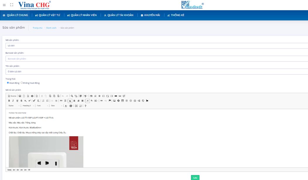 giao diện quản lý sản phẩm bên trong phần mềm vinacheck