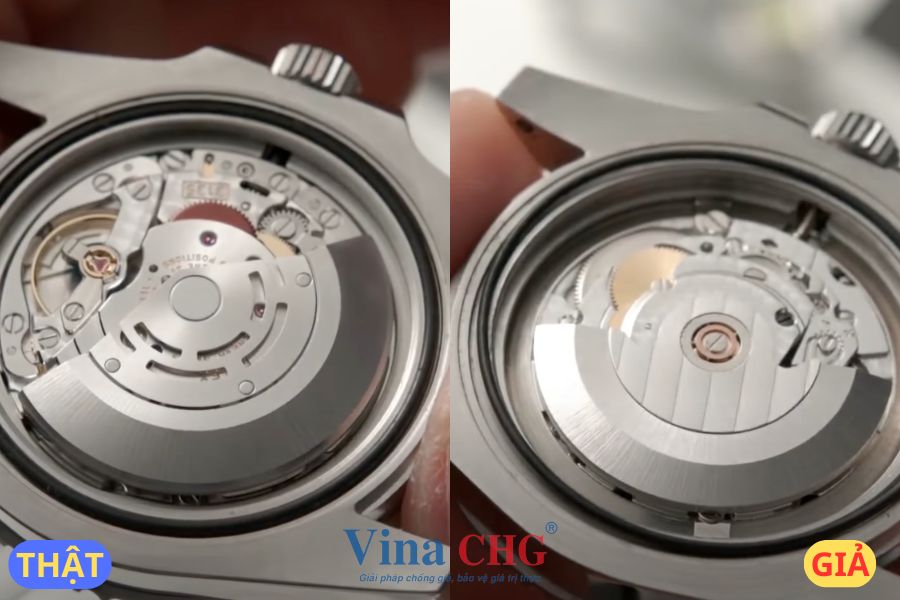 Phần case back trên đồng hồ Rolex thật và giả