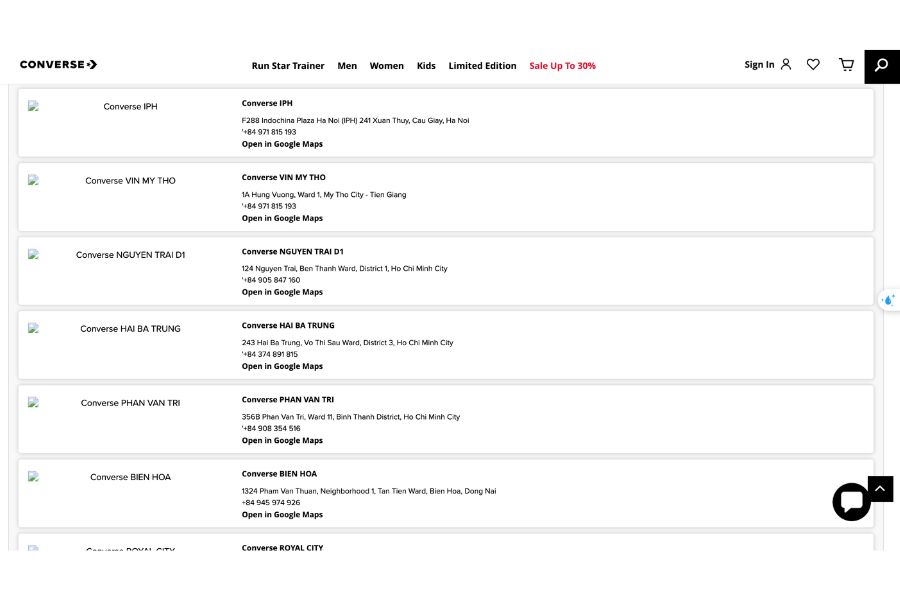 Phần store locator trên website chính thức của converse