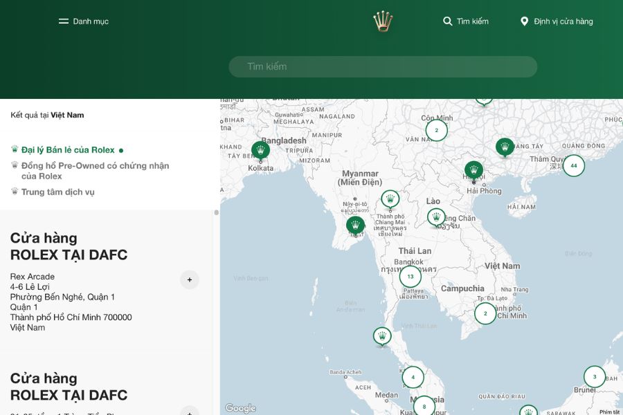 Phần Store Locator trên website Rolex