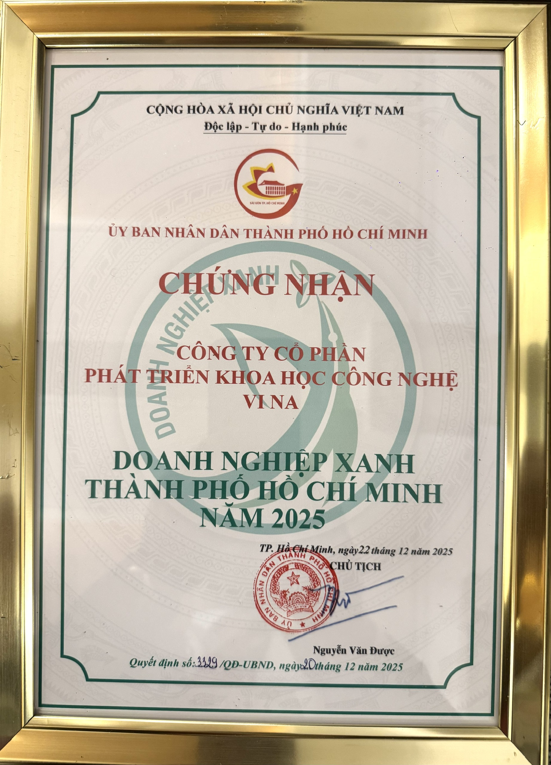 Giải thưởng doanh nghiệp xanh dành cho Vina CHG