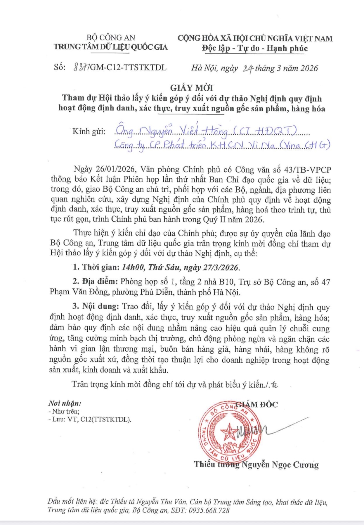 Giấy mời của trung tâm dữ liệu quốc gia Bộ Công An đến Vina CHG