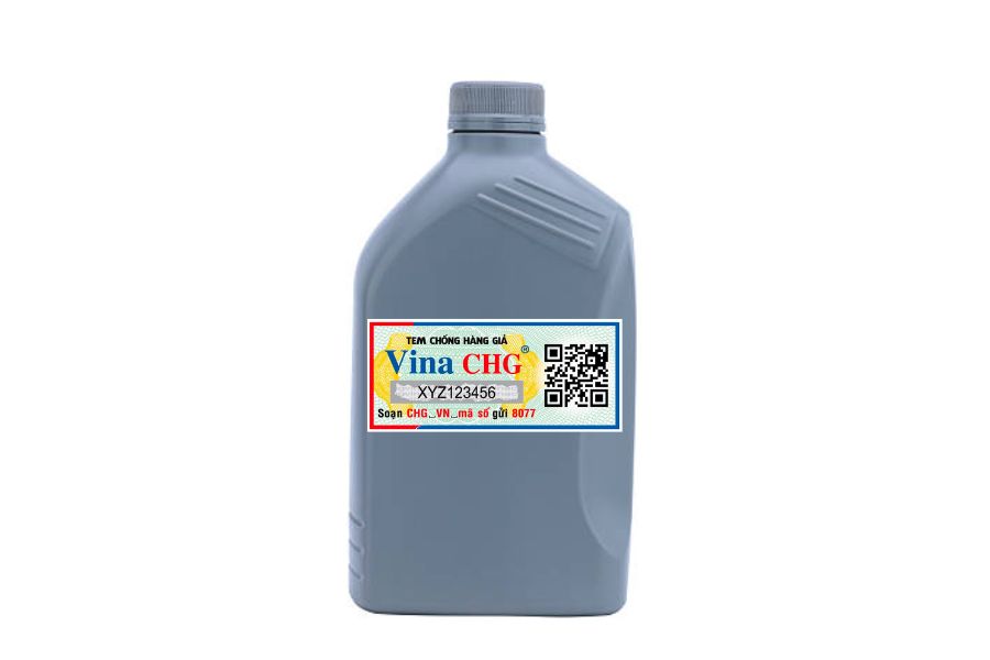 Tem chống hàng giả Vina CHG dán trên bình nhựa